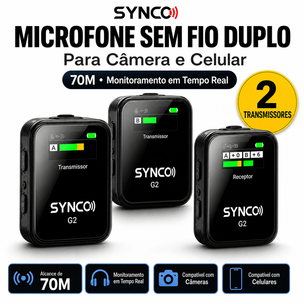 Microfone de Lapela Sem Fio para iPhone Android Câmera DSLR Podcast YouTube Vlog 200m 48KHz 24Bit SYNCO G2A2