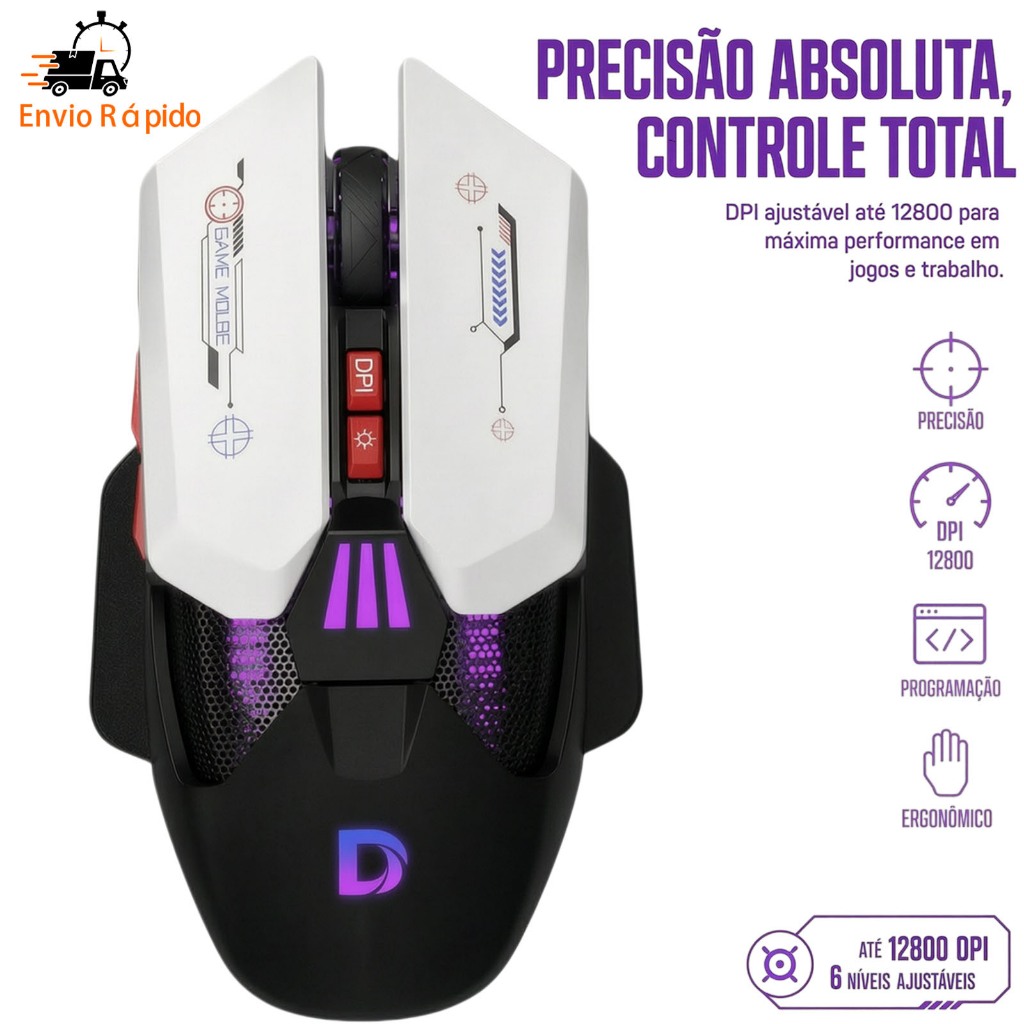 Mouse Gamer 12800 DPI RGB LED USB – Perfeito para Jogos e Trabalho