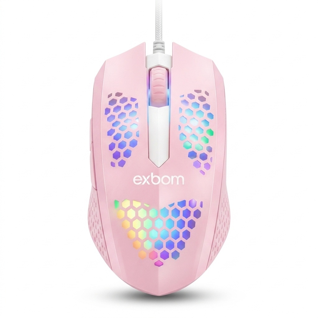 Mouse Rosa Gamer RGB Com Fio USB 1200 DPI LED Ergonômico Leve Exbom