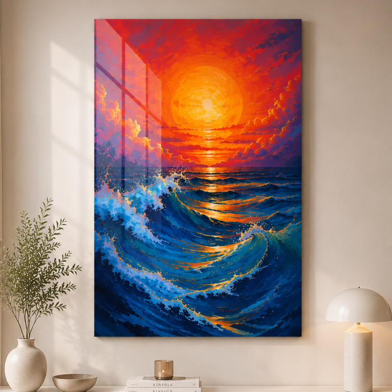 Quadro Decorativo Mar Ondas e Pôr do Sol Vibrante Arte Moderna para Sala e Quarto