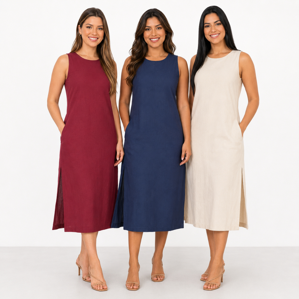 Vestido Regata Feminino Linho Elegante Casual Forrado Fenda Lateral Bolso Zíper Verão Moda Evangélica Básico
