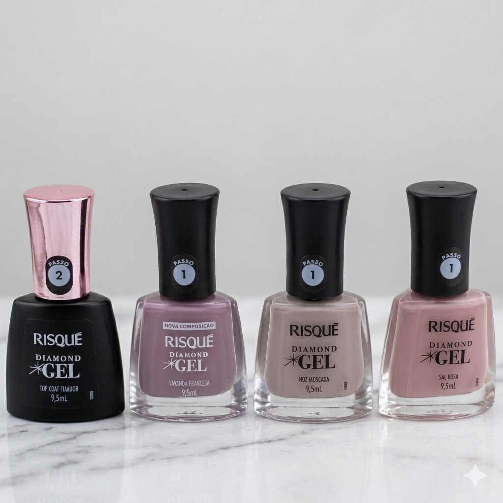 kit 4 esm. risque Diamond Gel Tons de Rosa Lavanda Francesa, Noz Moscada, Sal Rosa e Top Coat fixad.