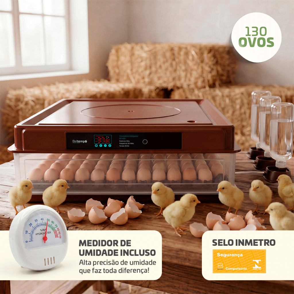 Chocadeira Automática Bivolt INMETRO Modelo 72 ou 130 Ovos Ovoscópio Profissional Beltempo