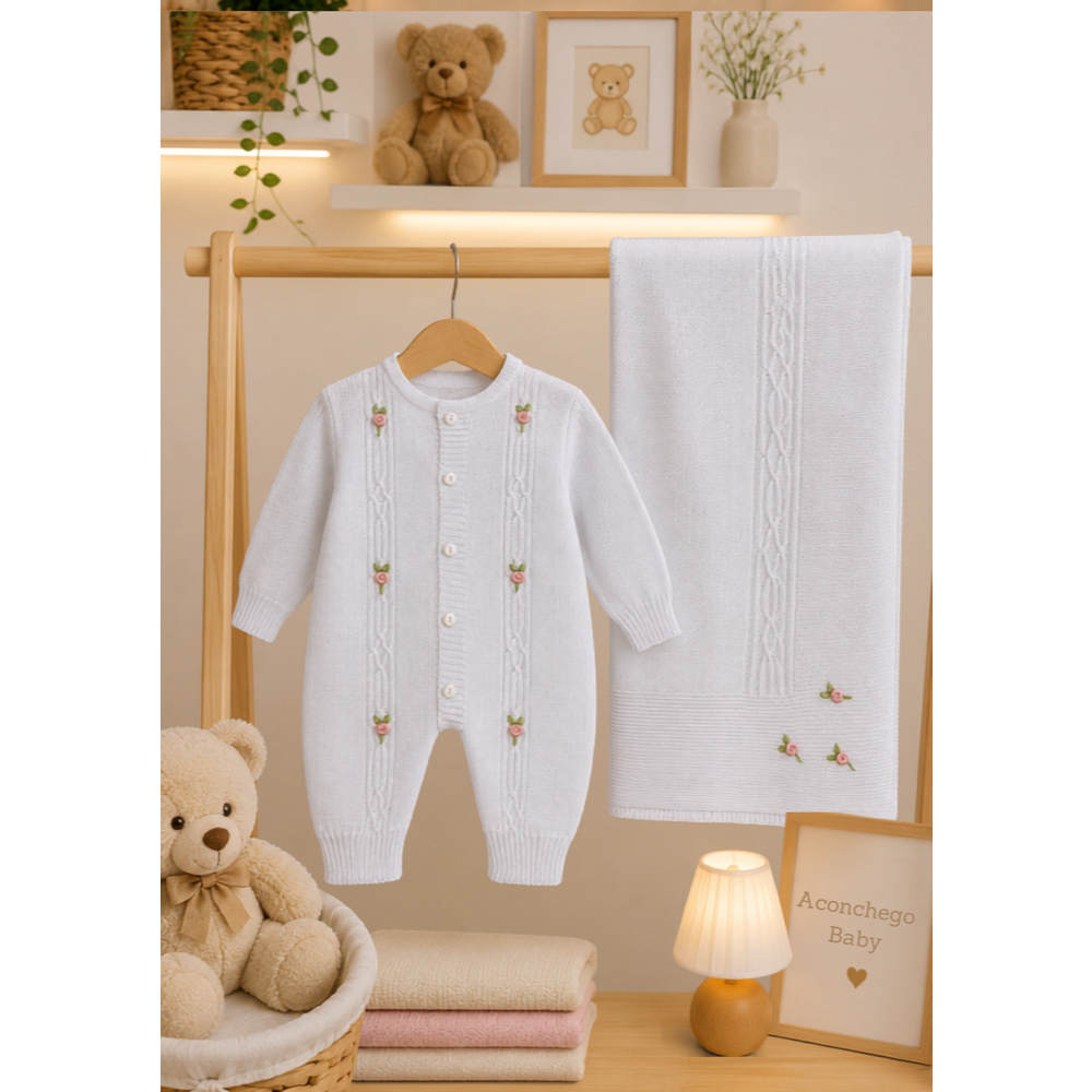 Saída Maternidade 2pcs Tricot Bordado Rococó Luxo Menina Macacão Vira pé e Manta Aconchego Bordado Feito à mão Labirinto