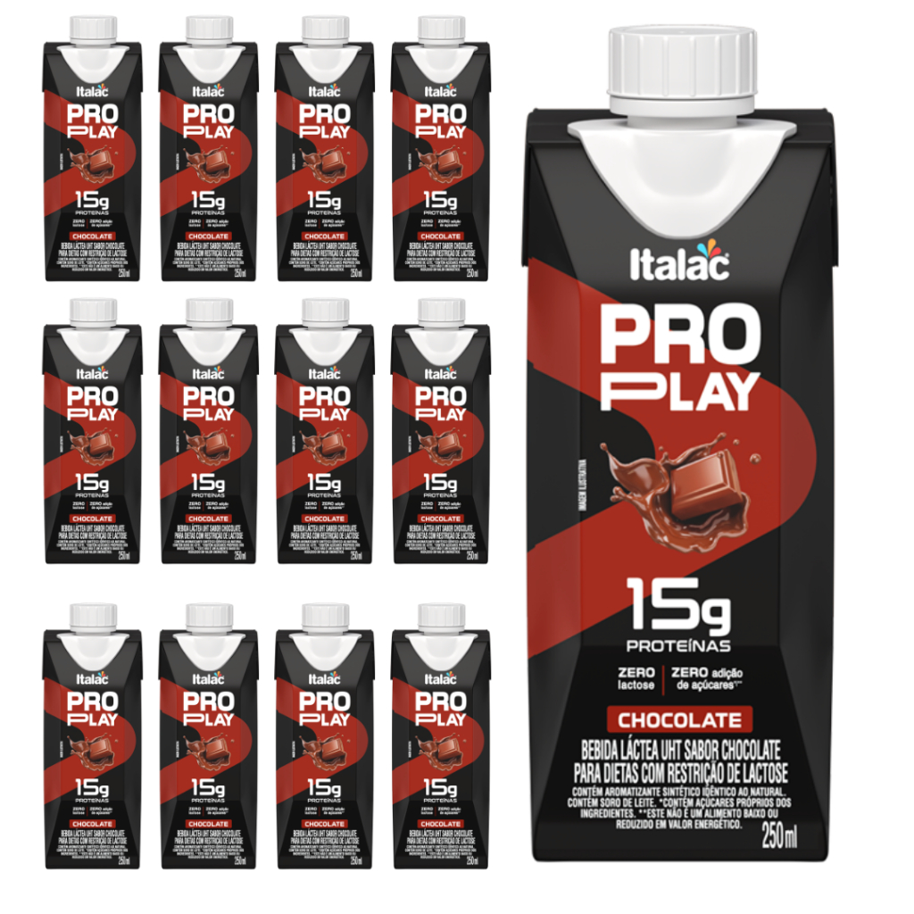 KIT C/12 BEBIDA LÁCTEA UHT ZERO LACTOSE PRO PLAY ITALAC - 12x250ml (15g de proteína por porção)