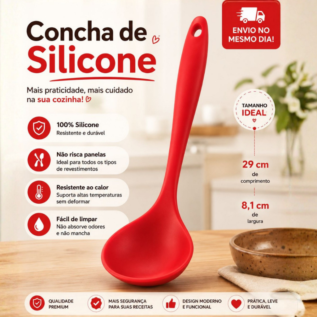 Concha Silicone Premium 29cm Antiaderente Resistente ao Calor Não Risca Panelas Livre de BPA Utensilio de Cozinha