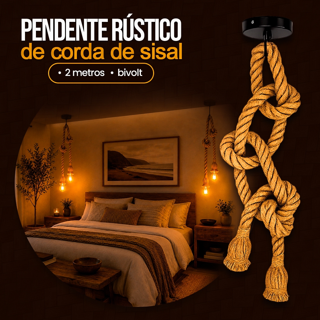 Pendente Rústico de Corda 2M Design Vintage Decorativo Americana 2 Soquetes E27 Teto Bivolt