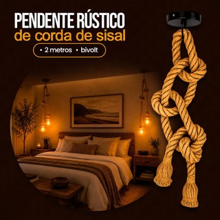 Pendente Rústico de Corda 2M Design Vintage Decorativo Americana 2 Soquetes E27 Teto Bivolt