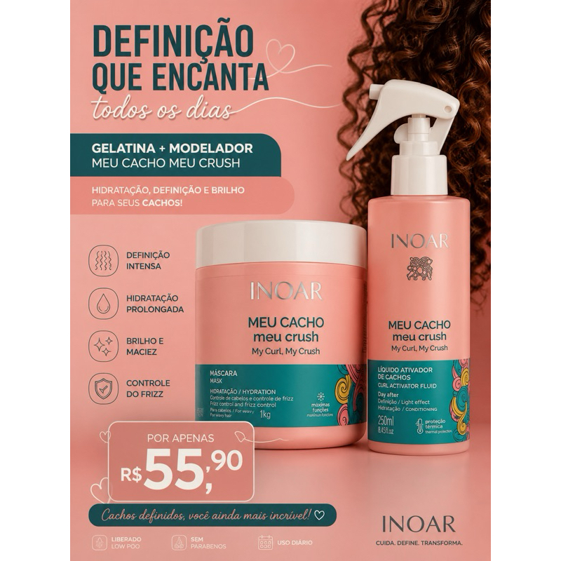 Kit INOAR Meu Cacho Meu Crush – Gelatina + Modelador/Ativador de Cachos 250ml