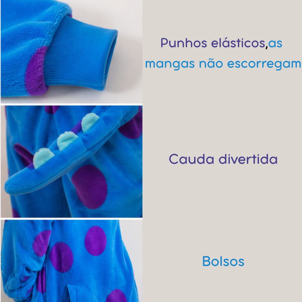 Macacão Kigurumi Infantil Menino Menina Pijama Criança Inverno Divertido Monstro SA Sullivan — imagem 2 de 2