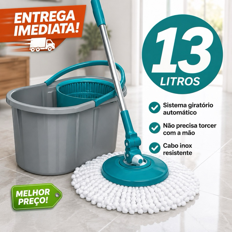 Mop Giratório Profissional   13 Litros Grande com Centrifuga Alça IReforçada  Esfregão  Limpeza  Pisos