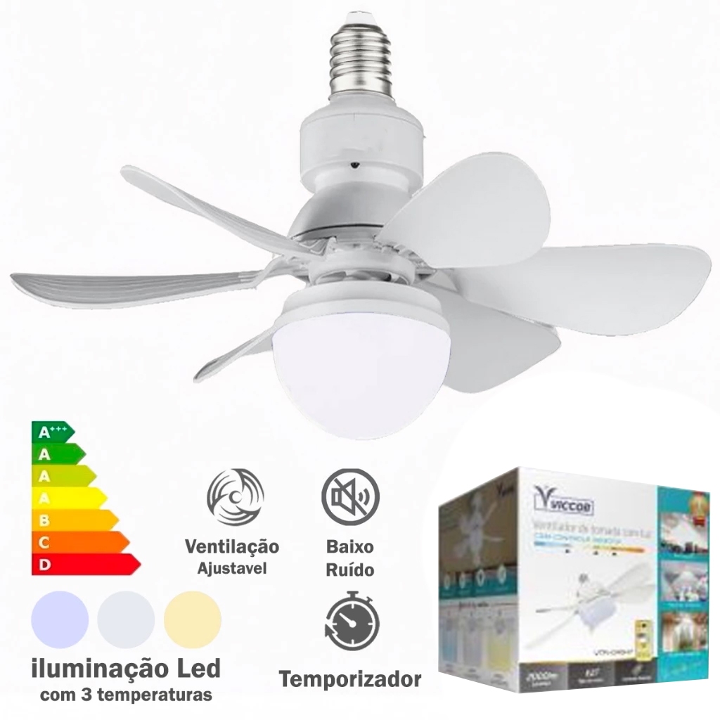 Ventilador Teto Com Luz 100W Integrada Silencioso Branco 6 Pás Com Controle Remoto E27