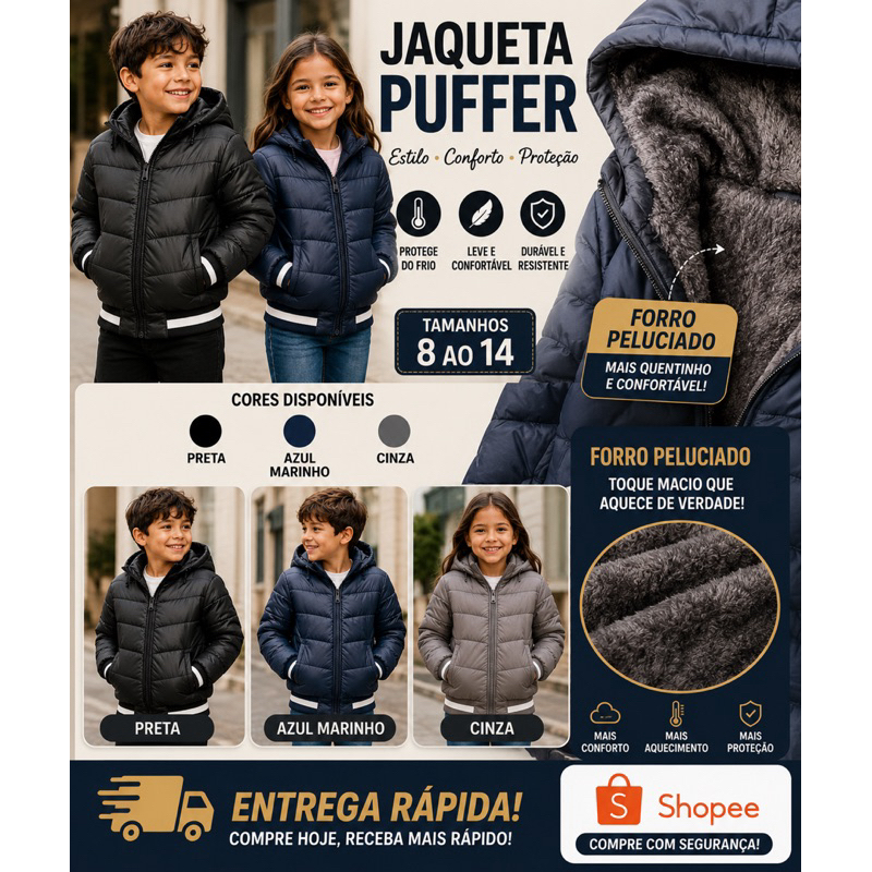 Jaqueta puffer infantil peluciada (Tamanho 8 ao 14)