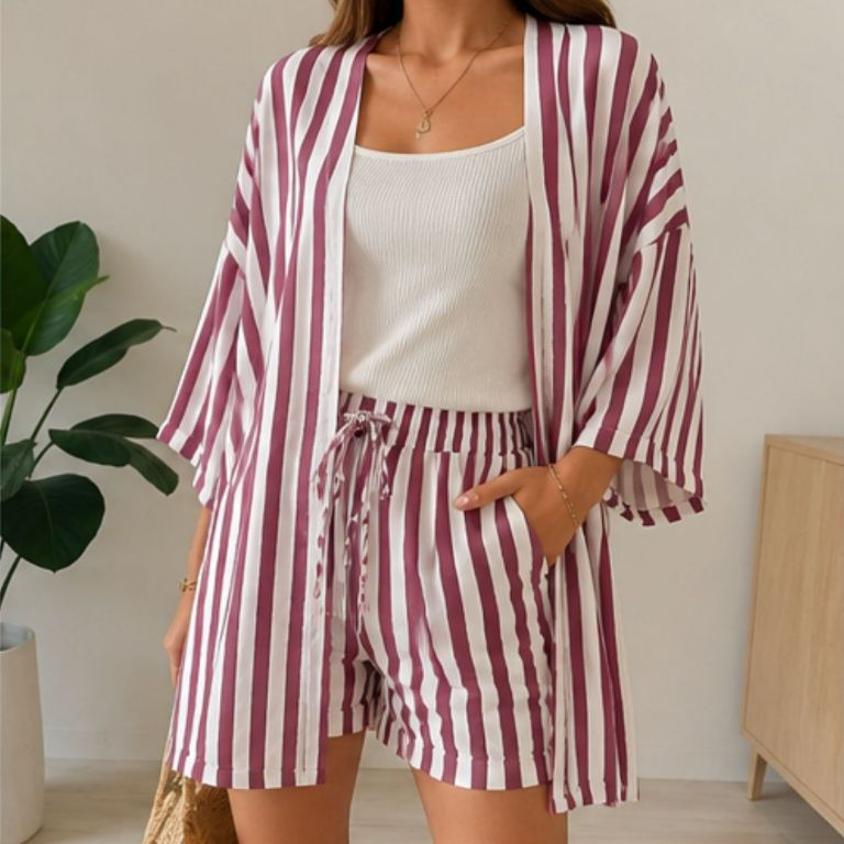 Conjunto Feminino Kimono e Short Listrado Casual Verão Moda Praia — imagem 2 de 2