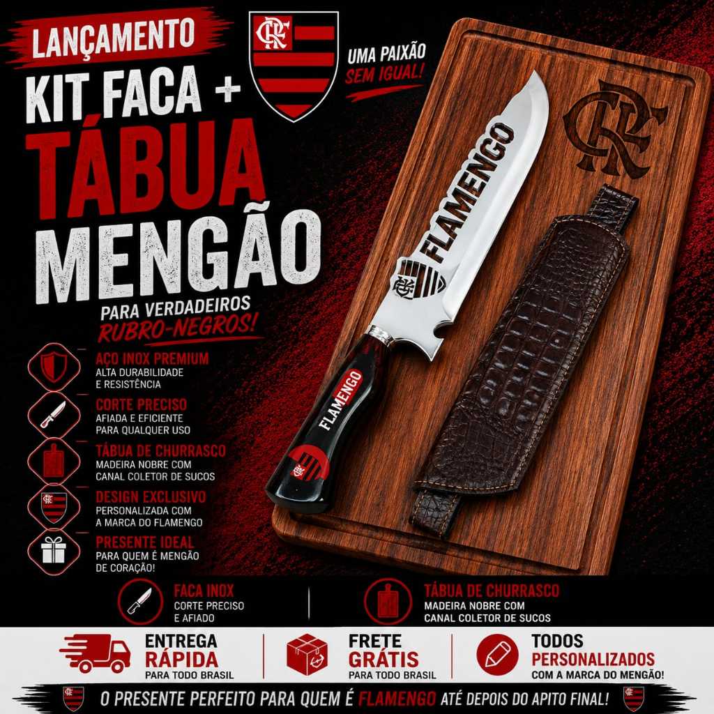 Kit Churrasco Tabua + Faca Personalizado Flamengo Premium Gourmet Cheff