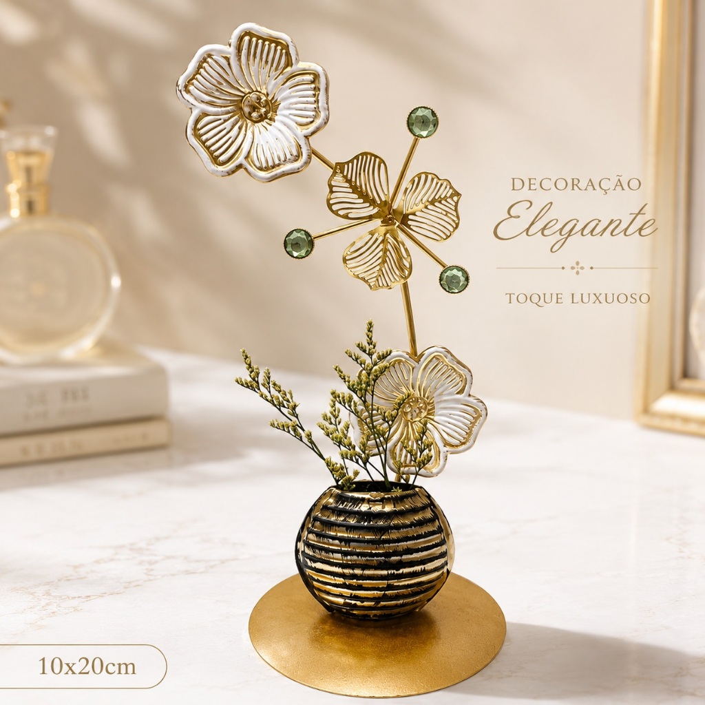 Decoração de Mesa Enfeite de Metal Arranjo Floral Decorativo com Vaso Decorativo Pequeno e Ornamento de Flores Douradas