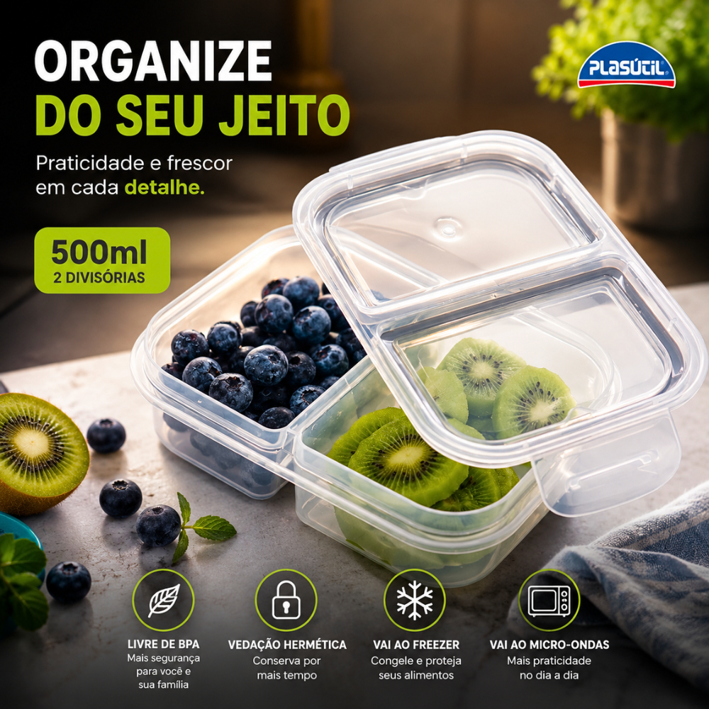 Potes 2 Divisórias Herméticas 500 ml Marmitas Organizador Geladeira Com Trava Plástico Plasútil