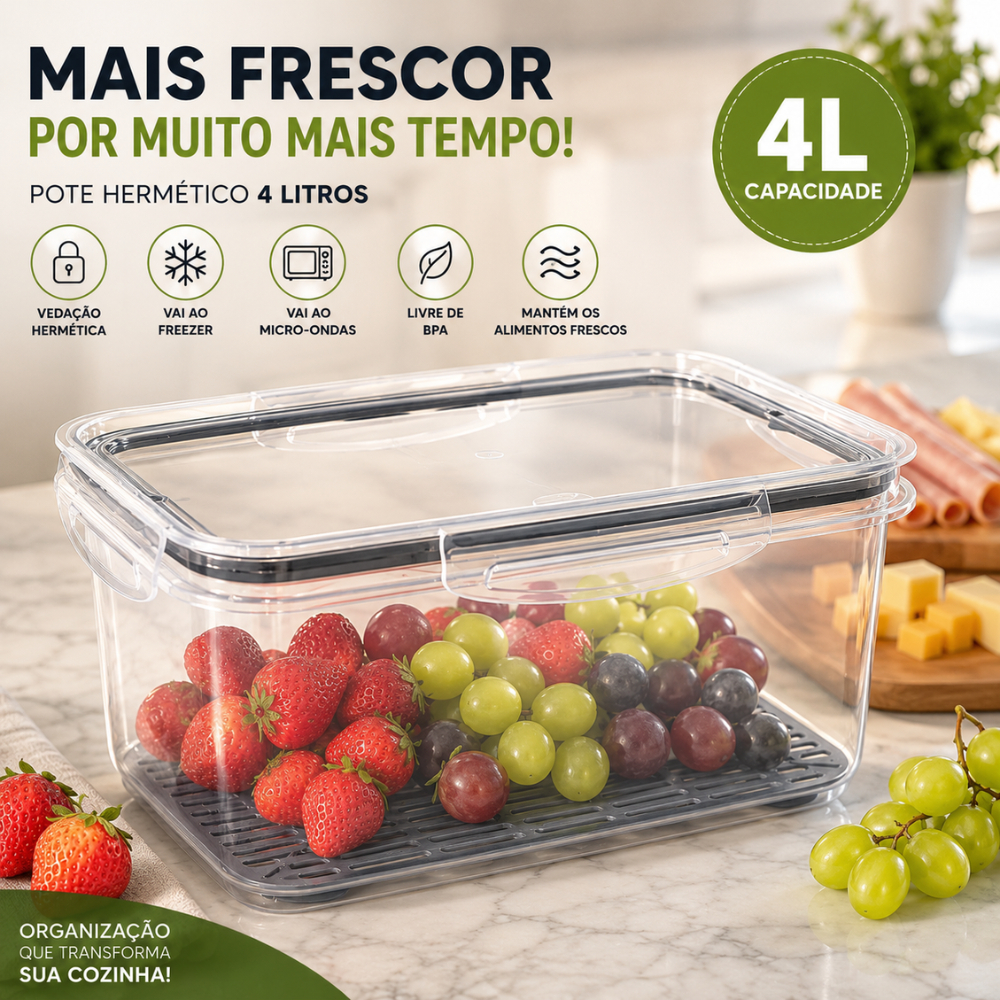 Pote Hermético Plástico Porta Frutas Frios 4L Com Travas Cesto Escorredor Vegetais Alimento Plasutil