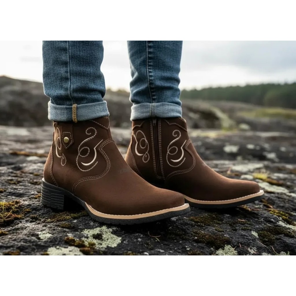 Botina Feminina Zebu 71155 Texana Cano Curto Bordada Nobuck Café Bota Casual