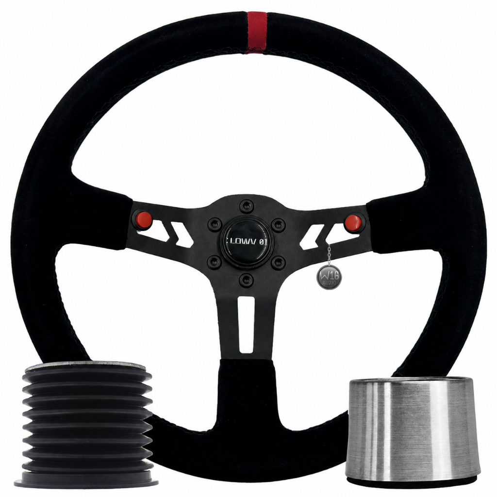 Volante Esportivo Lowv Apache Suede Tarja Vermelha + Cubo Adaptador