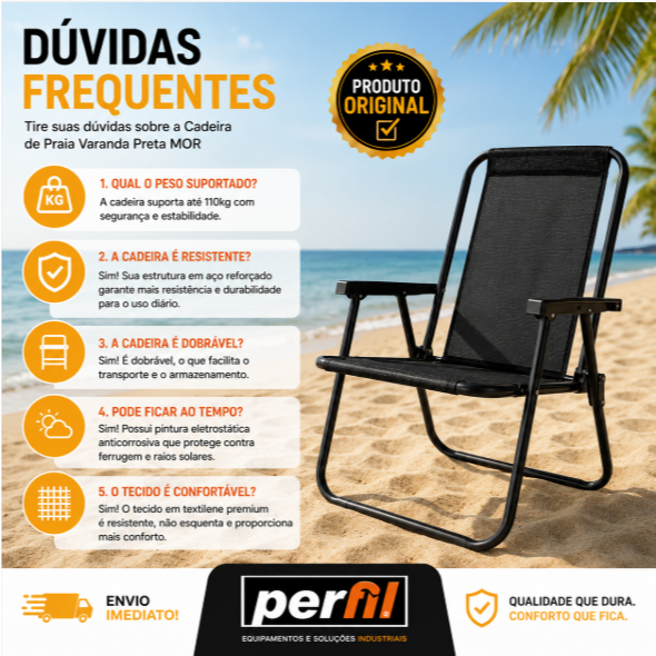 KIT 2 CADEIRAS DE PRAIA PRETA EM AÇO 110KG 1 POSIÇÃO MOR cadeira de praia dobrável cadeira dobravel — imagem 2 de 2