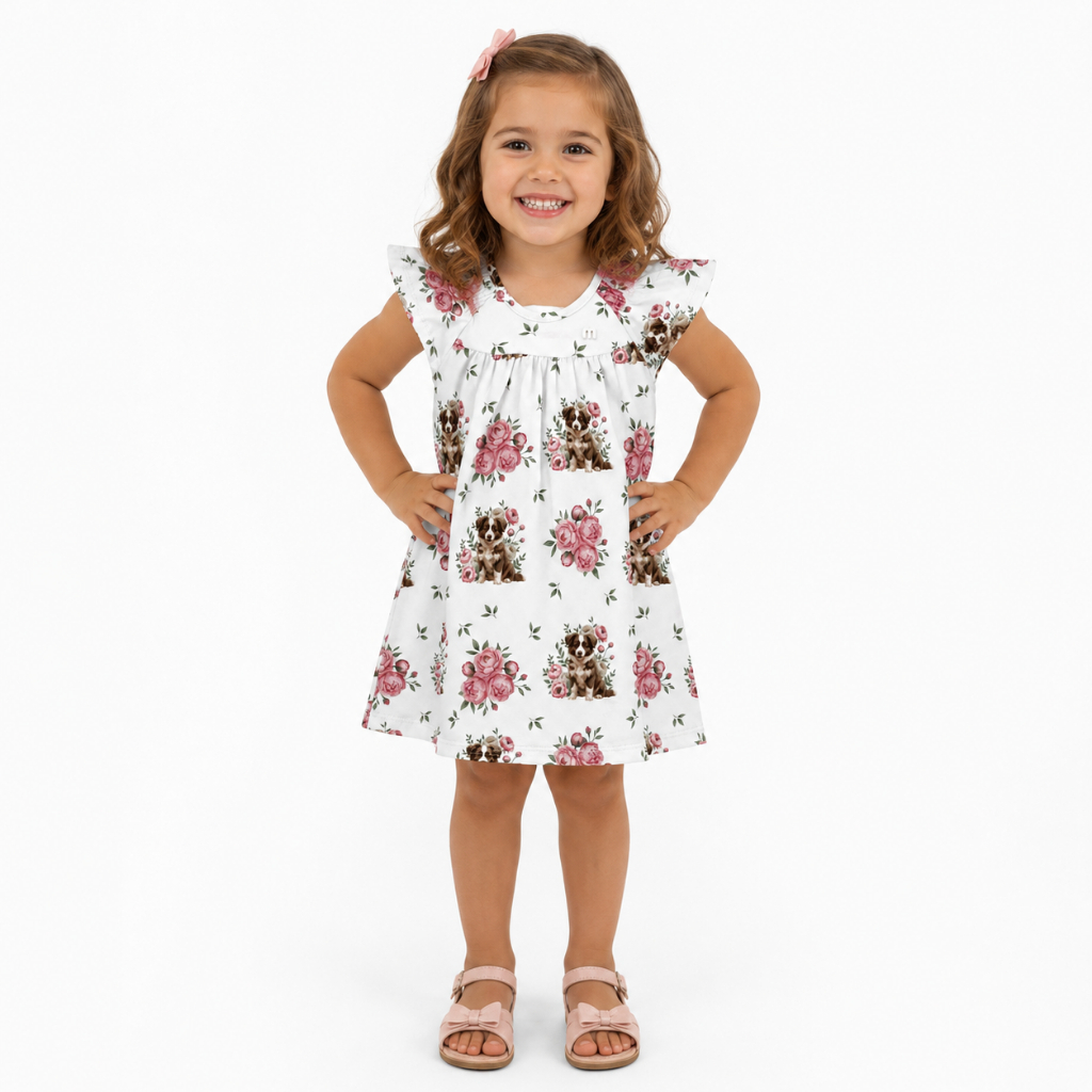 Vestido Infantil Menina Milon Cachorrinho e Rosas Floral Delicado