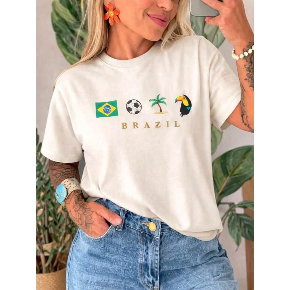 Camiseta T- Shirt 100% Algodão Estampa Brasil Brazil Copa Do Mundo Seleção Brasileira Futebol Bola Praia Camisa Básica