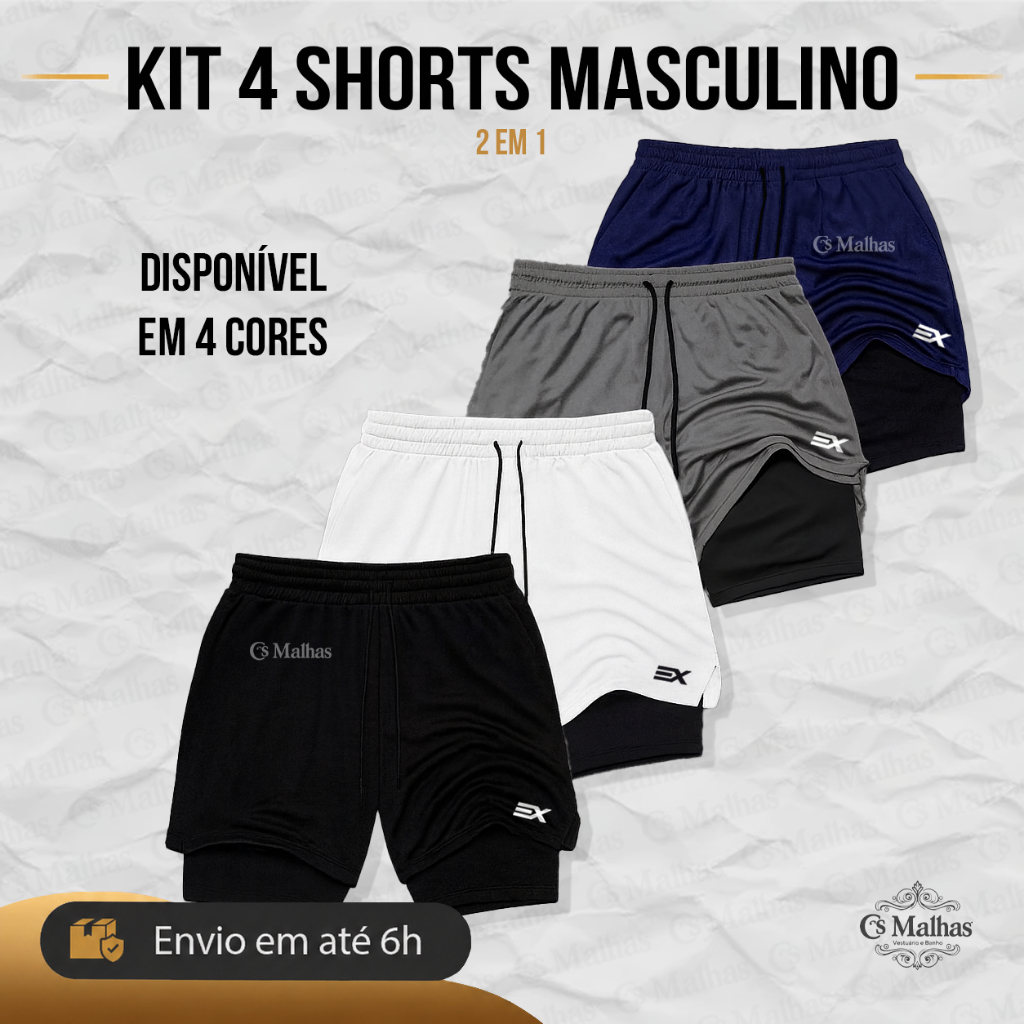 Kit 4 Shorts Masculino Dry Fit 2 em 1 com Compressão e Bolso Interno Bermuda Academia Treino Corrida