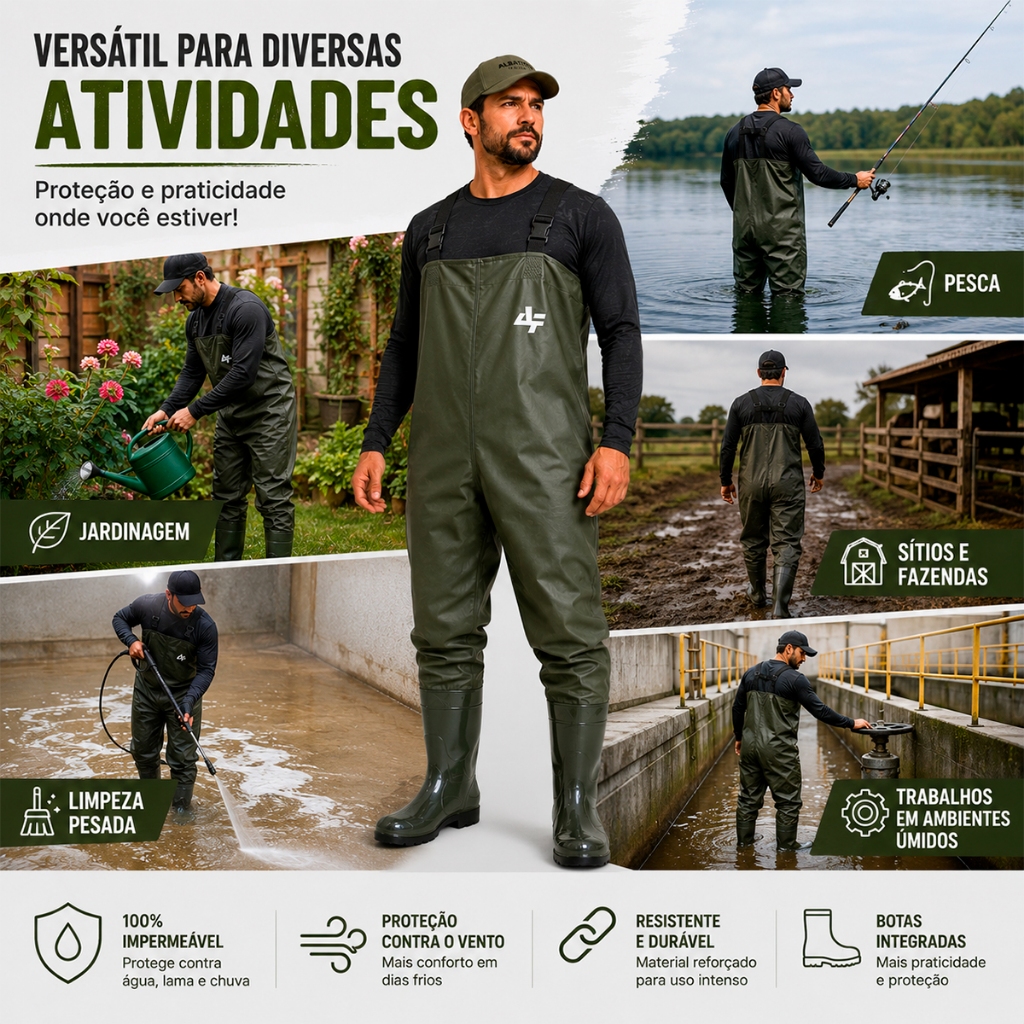 Macacão Impermeável com Bota Integrada para Pesca e Jardinagem - Albatroz