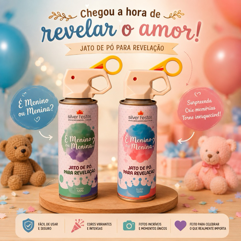 Spray Colorido Chá Revelação Em Pó Lavável Com Jato De 8 Segundos E Atóxico Silver Festas