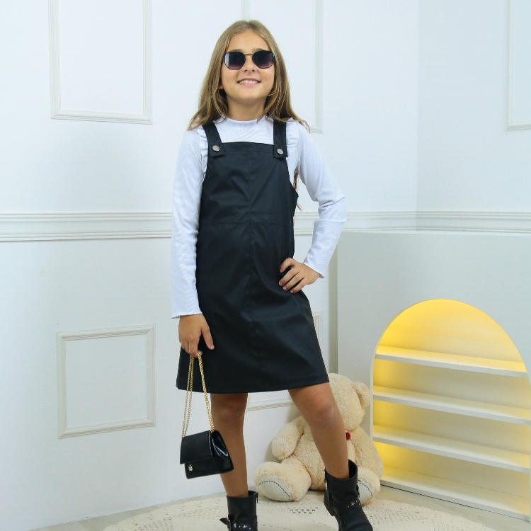 Conjunto Infantil Menina Jardineira Courino Com Blusa Manga Longa Ribana Inverno 2 a 10 Anos