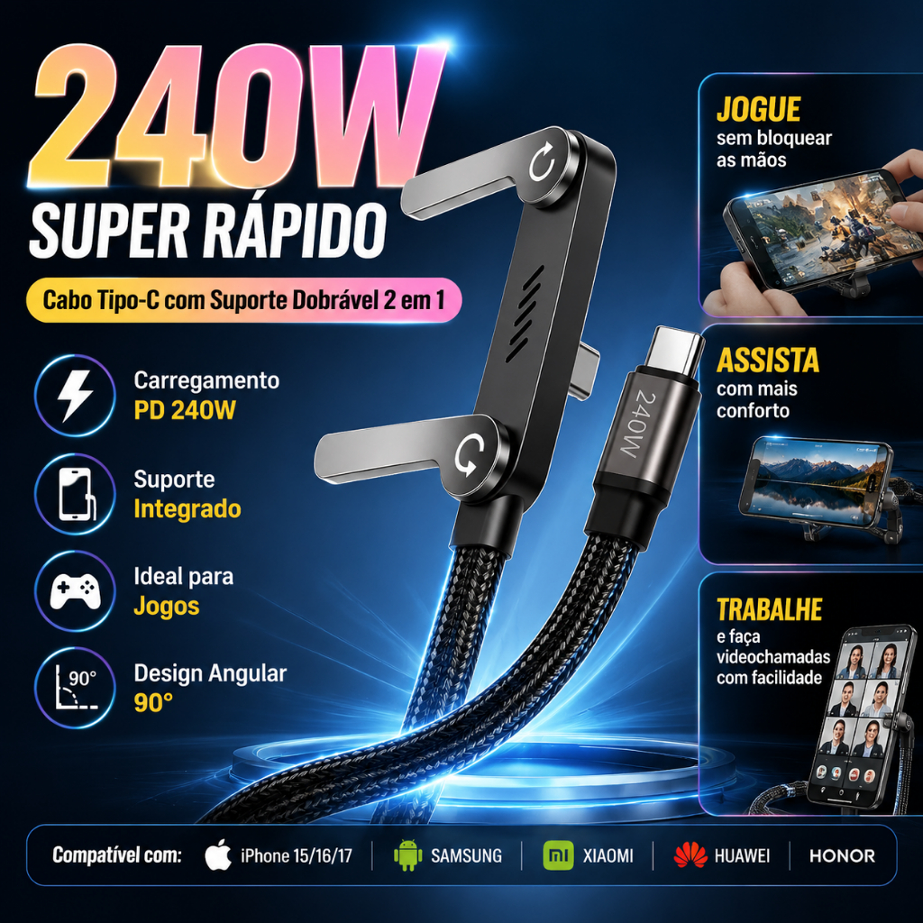 Cabo de Carregador Tipo C 240W 1.5m Turbo Ultra Rápido Com Suporte Dobrável Celular Notebook Jogos Discove