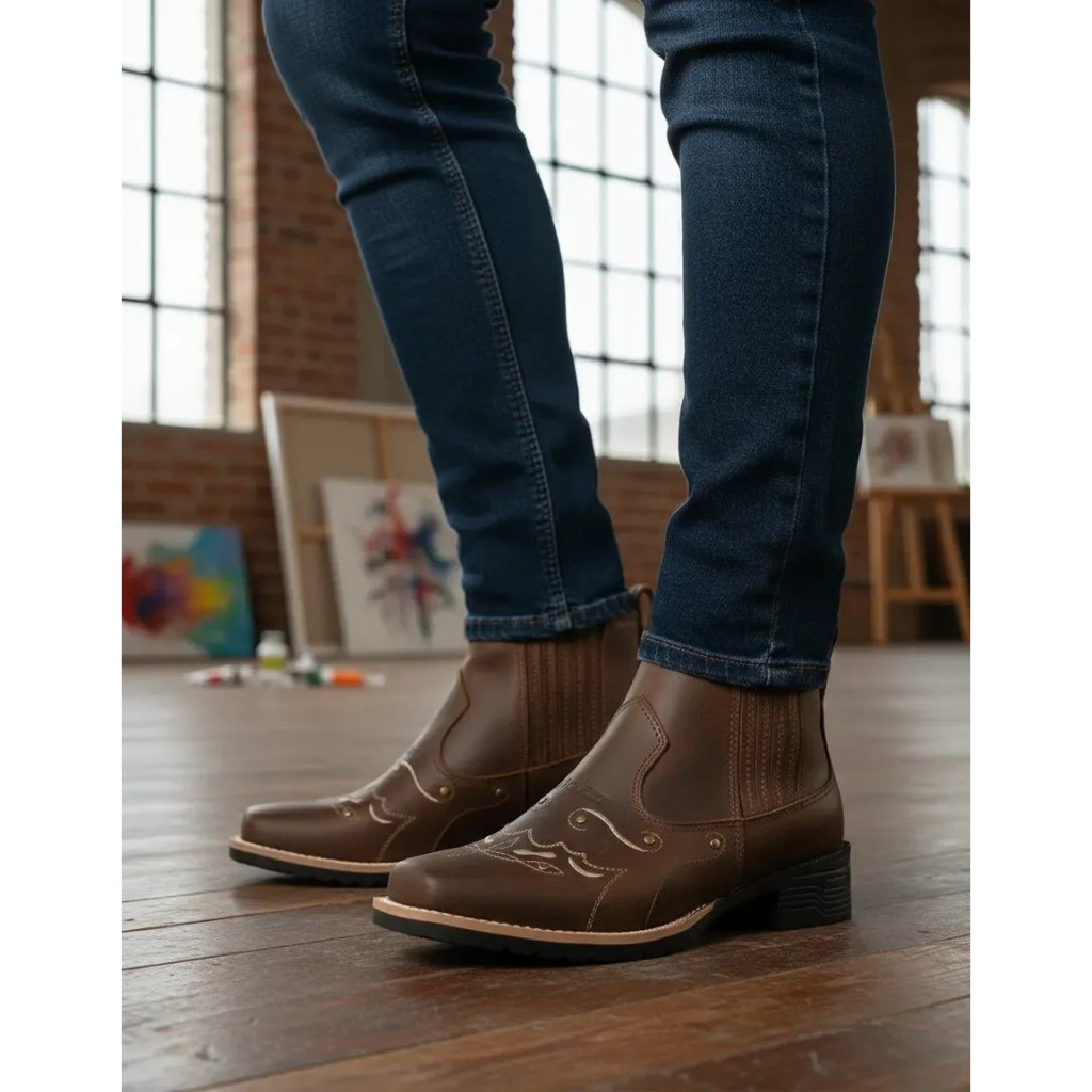 Botina Feminina Zebu Mustang Terra 71145 Bico Quadrado Estilo Country Original Couro Bovino