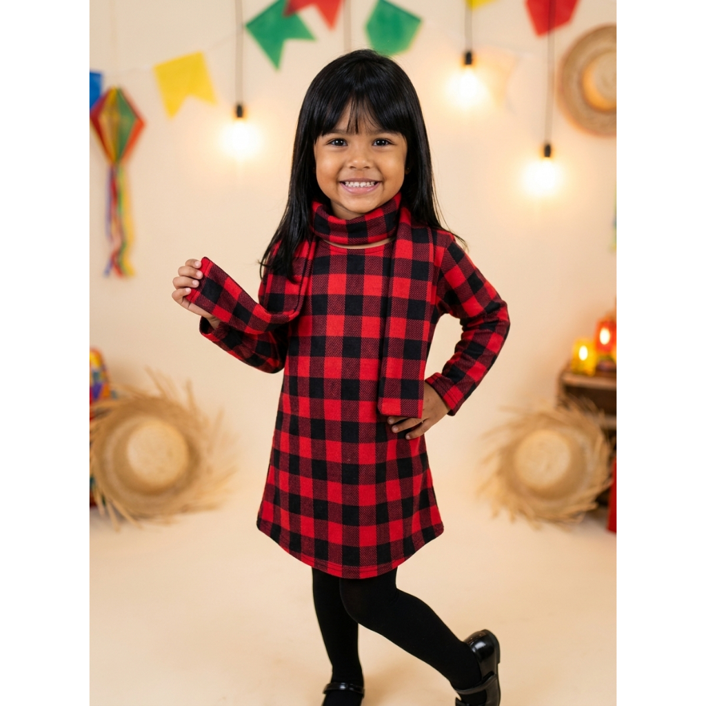 Vestido Xadrez com Cachecol Infantil Menina Flanelado Manga Longa Festa Junina e Inverno Arraial
