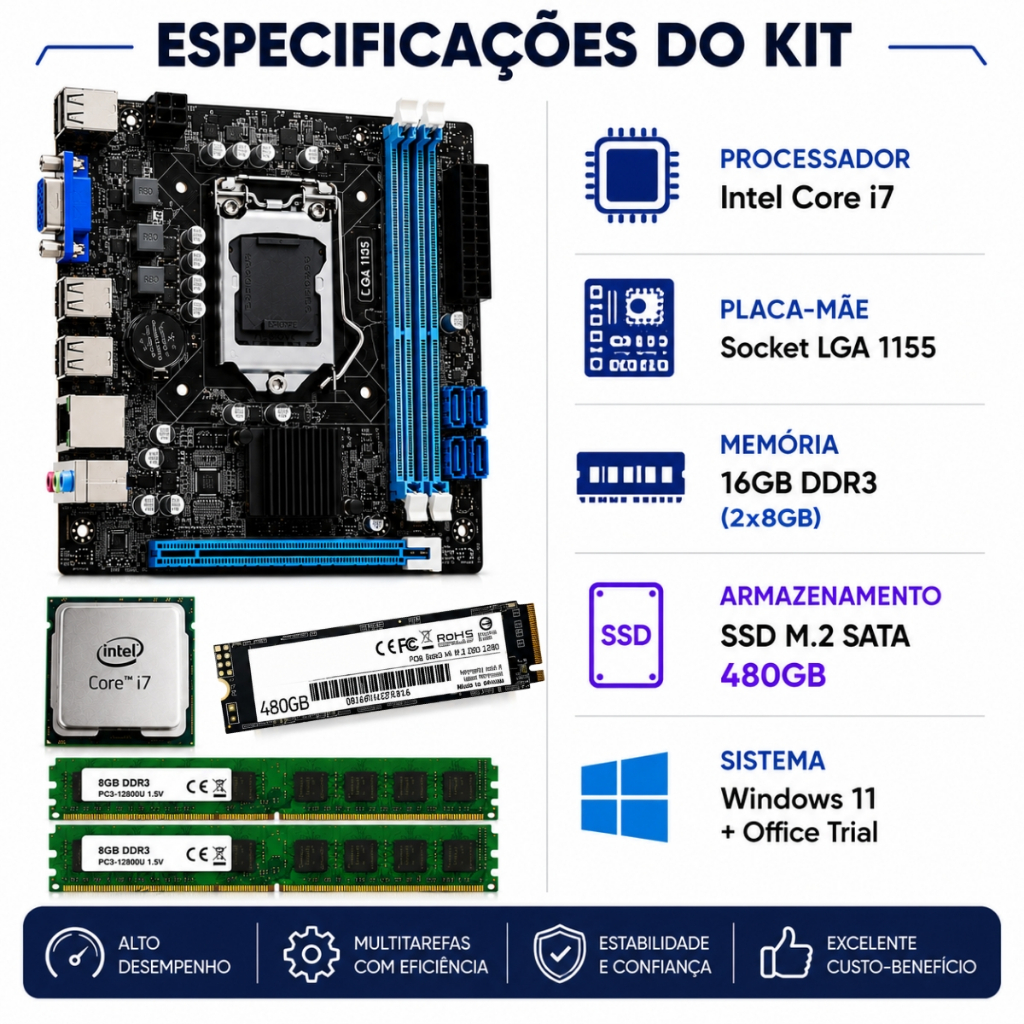 Kit Upgrade 1155 - i7 + GL-H61M-G + 16GB DDR3 1600Mhz + Ssd M2 480GB + Windows 11 / Office (Trial)