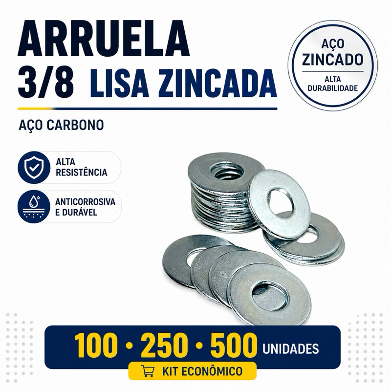 Arruela 3/8 Lisa Zincada Aço (10mm) - Pacote com 100/250/500 un