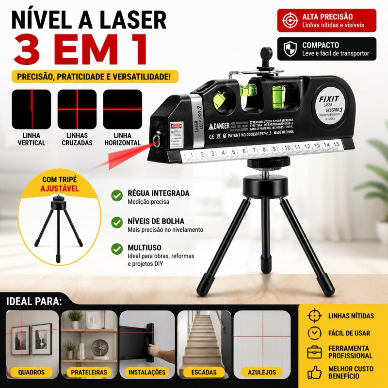 Nível Laser 3 em 1 Profissional com Tripé Linhas Cruzadas Horizontal Vertical Ferramenta DIY