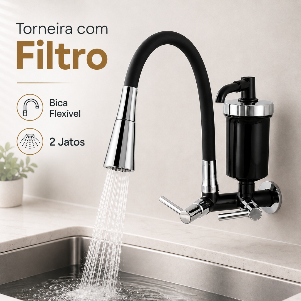Torneira Gourmet Parede com Filtro ABS Preta Flexível 2 Jatos Cozinha Chuveirinho Cromada