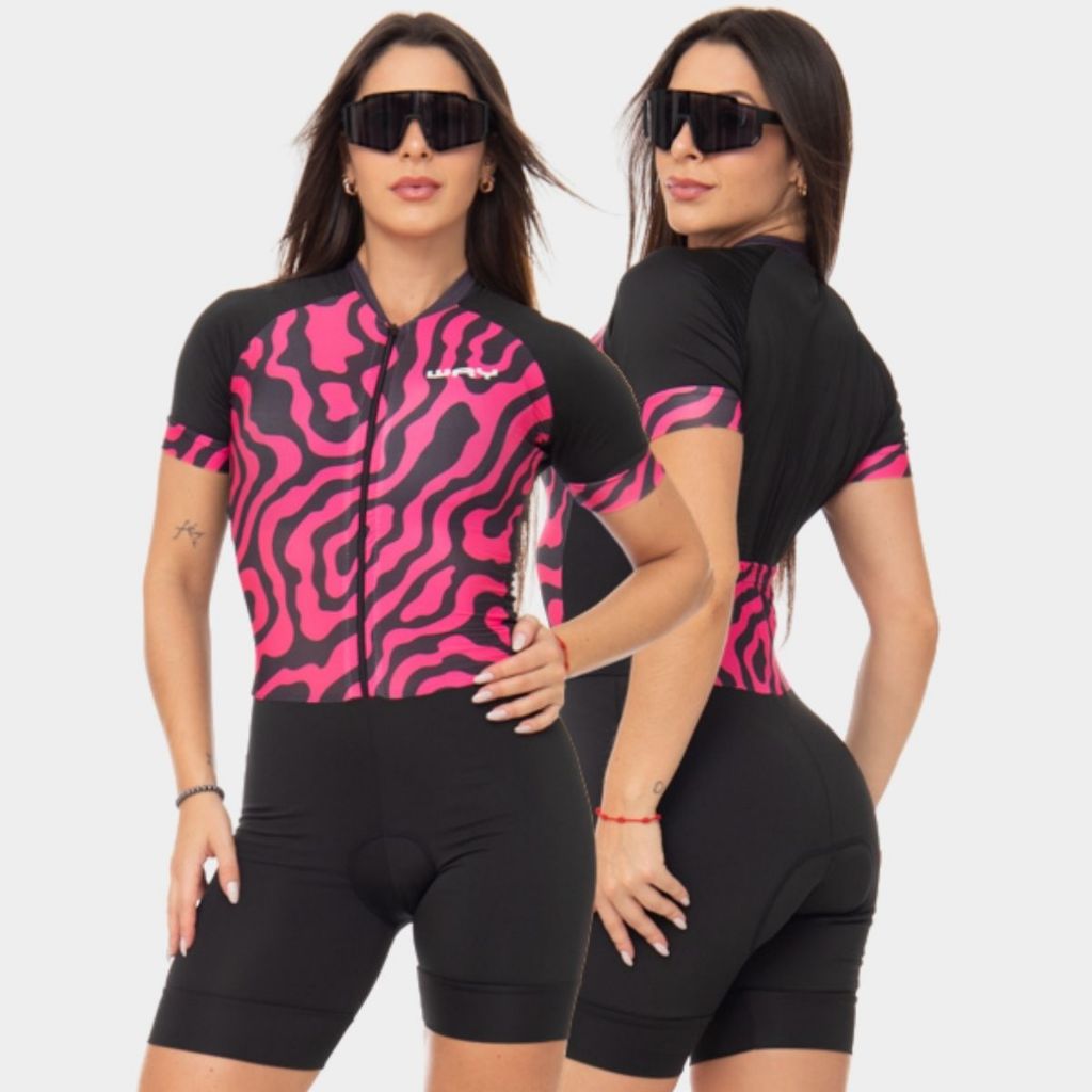 Macaquinho de Ciclismo Feminino Acolchoado Macacao Rosa Forro Espuma Bike MTB
