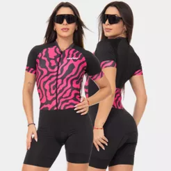 Macaquinho de Ciclismo Feminino Acolchoado Macacao Rosa Forro Espuma Bike MTB