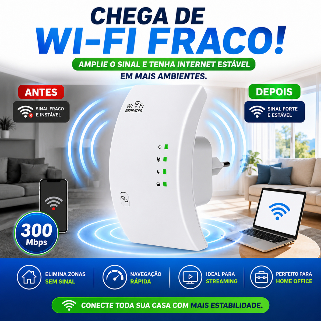 Repetidor WiFi 300Mbps Bivolt Amplificador de Sinal 2.4GHz WPS Porta LAN Até 50m