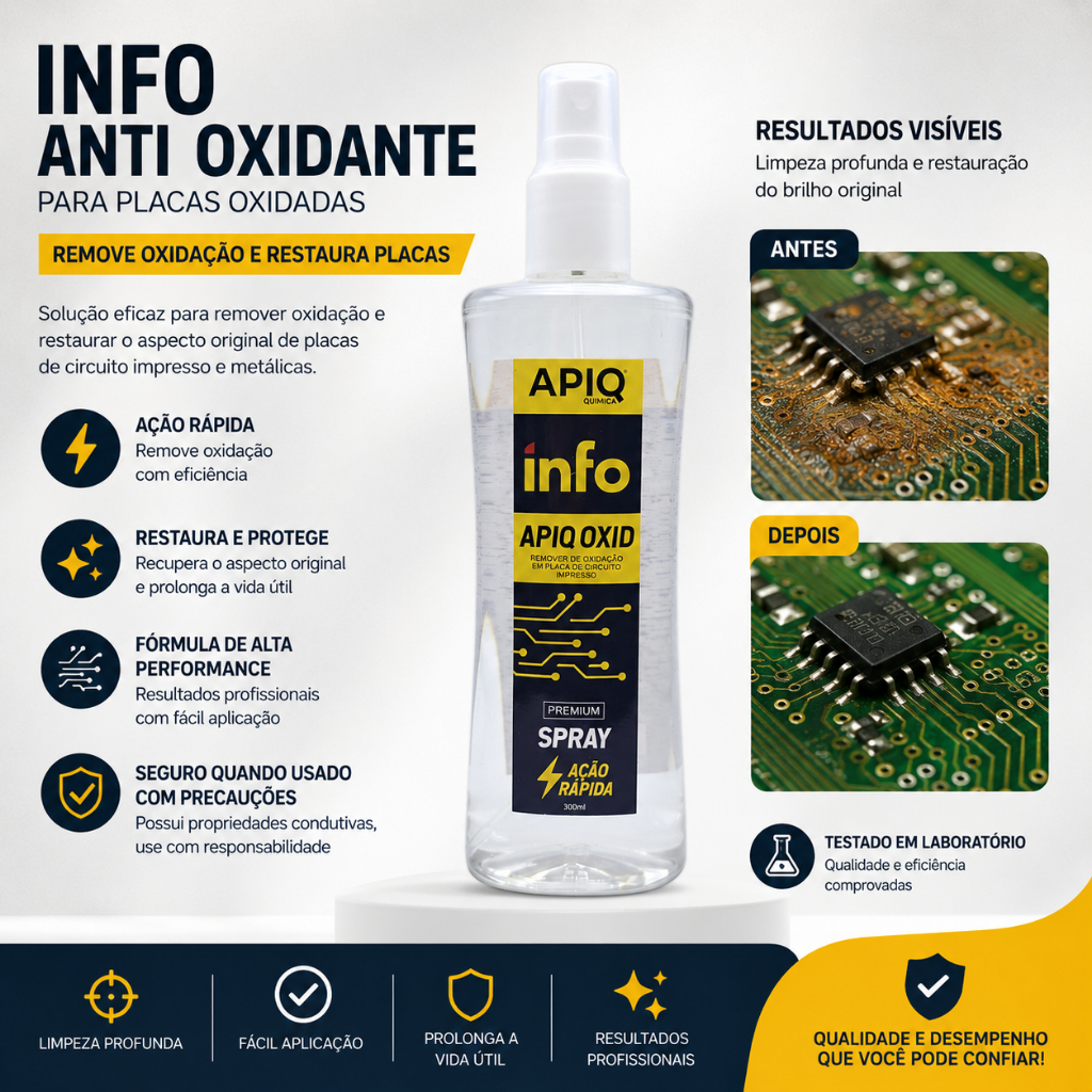 INFO ANTI OXIDANTE 300ML APIQ QUÍMICA | Remove Oxidação de Placas Eletrônicas e Metálicas