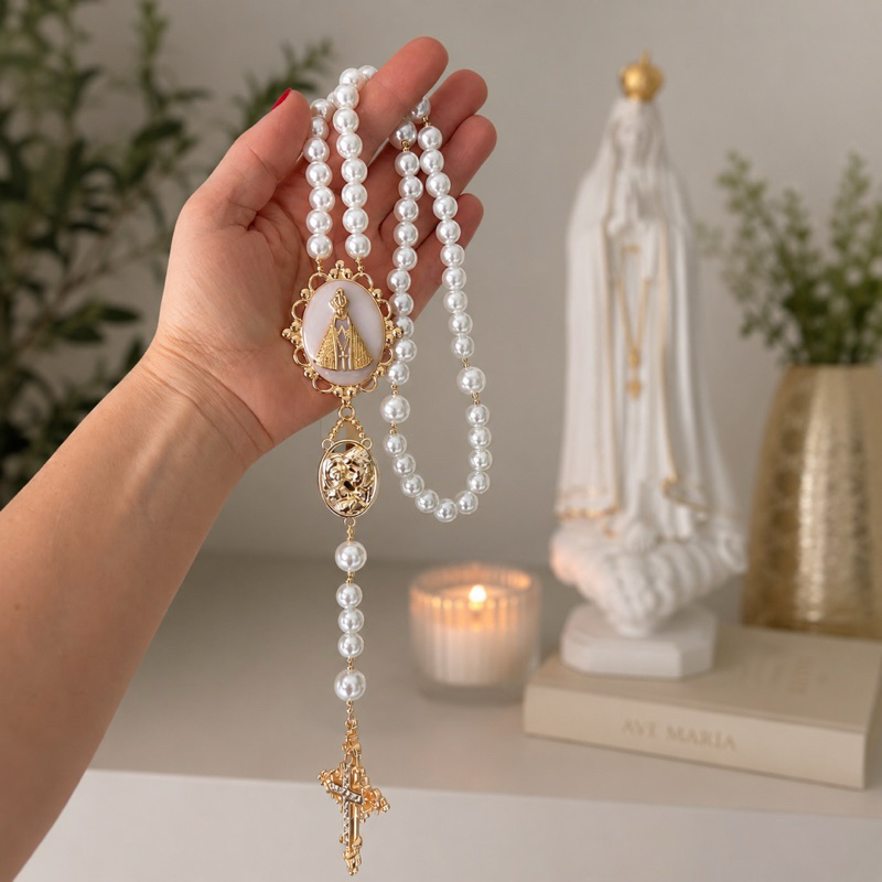 Terço para noivas em pérolas e Sagrada Família kit com caixa de presente e organza terço personalizado terço casamento