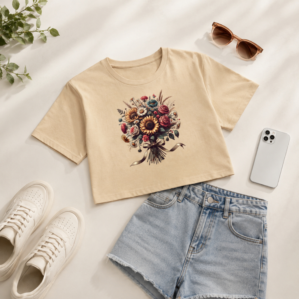 Top cropped feminino com estampa floral, blusa de manga curta em tecido para looks de verão.