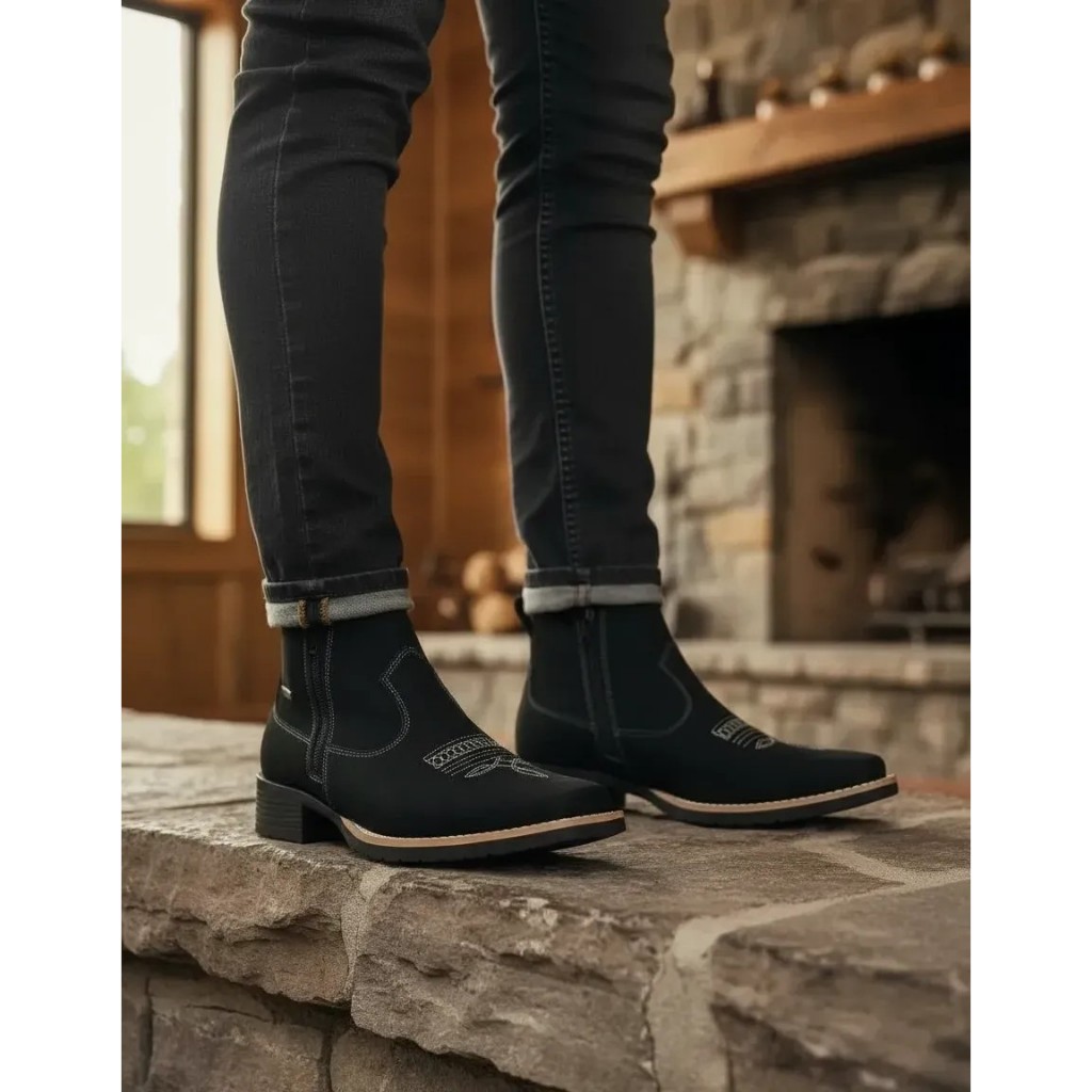 Botina Feminina Com Zíper Lateral Zebu Nobuck Preto 71030 Country Em Couro Bovino Bota