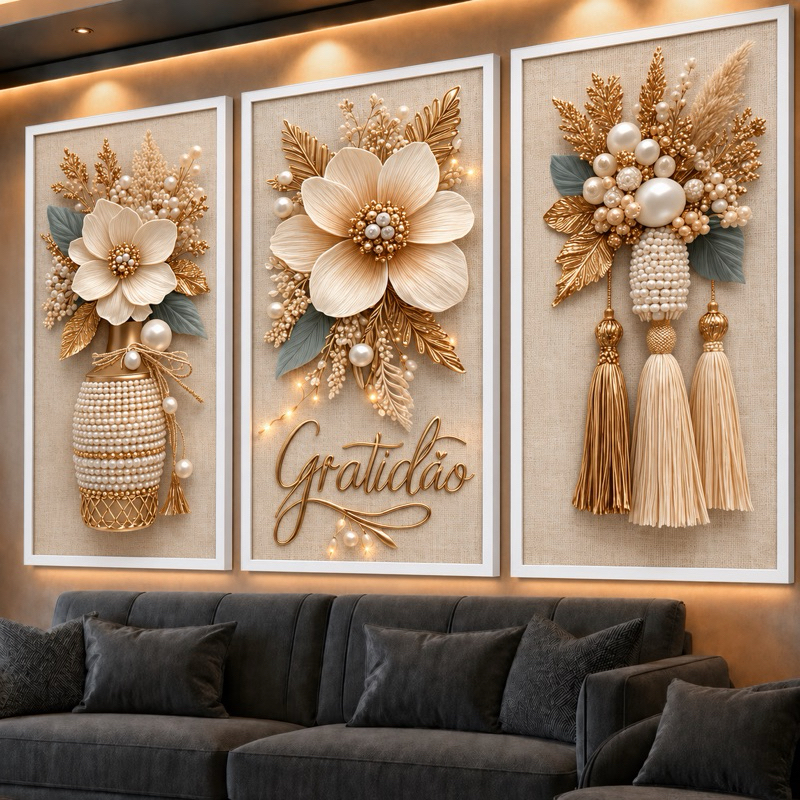 Quadros Decorativos Trio Flores Moderno Flor Delicada Cesto Gratidão