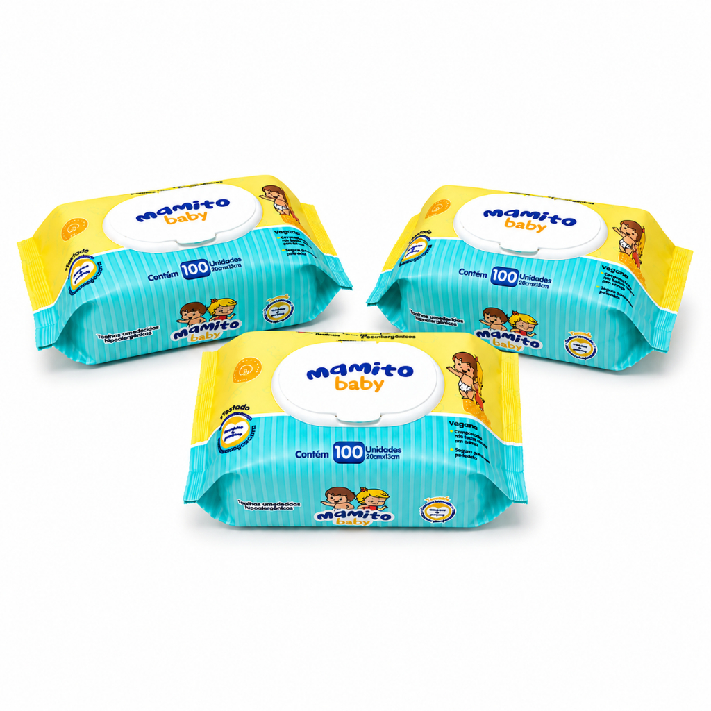 Kit 3 Pacotes Toalhas Umedecidas MAMITO BABY Premium 100 Folhas Lenço Umedecido