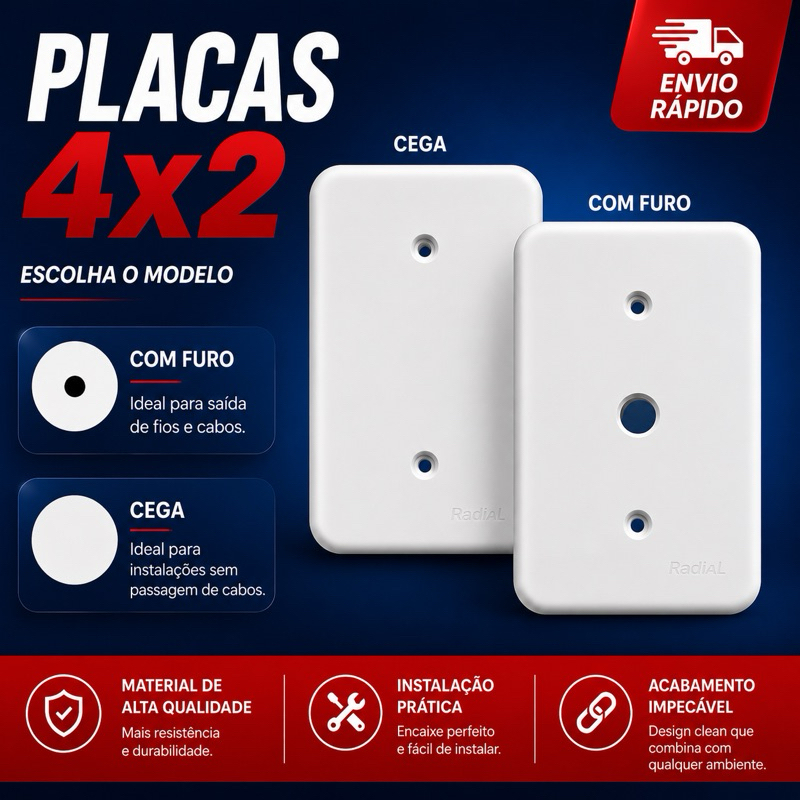 Placa Espelho Tampa 4x2 Cega ou Com Furo (Escolha o Modelo) Pollar - Radial