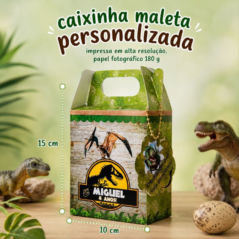 CAIXINHA MALETA JURASSIC DINOSSAUROS(PEGUE E MONTE)PERSONALIZADA COM O NOME E IDADE/PARA LEMBRANCINHA  FESTA/CHÁ DE BEBÊ