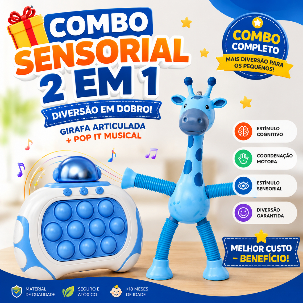 Combo Sensorial Infantil 2 em 1 Girafa Articulada + Pop It Musical Brinquedo Educativo Coordenação Motora Luz e Som